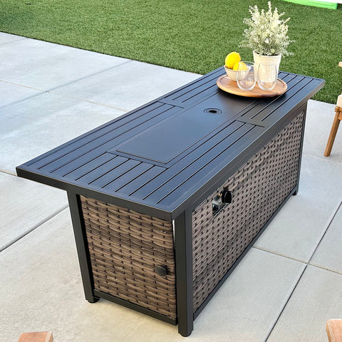 50,000 BTU Patio Fire Pit Table with Rattan Side Boards