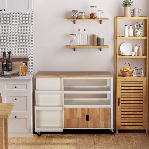 PHI VILLA Rubber Wood Tabletop Kitchen Island Cart with Side Drawers and Shelves, Warm White