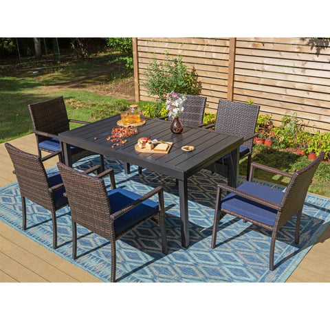 Rattan Wicker Cushioned Dining Chairs Set with Extendable Table