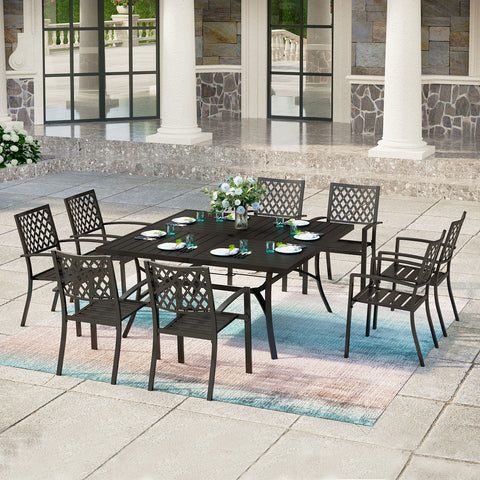 9-Piece Patio Dining Set Extra-large Square Table & Stackable Steel Fixed Chairs