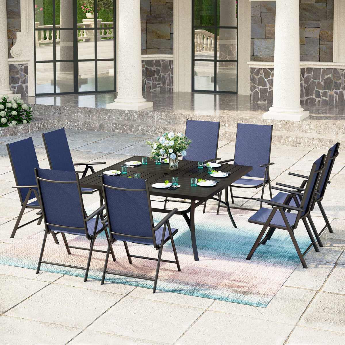 9-Piece Patio Dining Sets Large Square Table & Textilene Foldable Chair