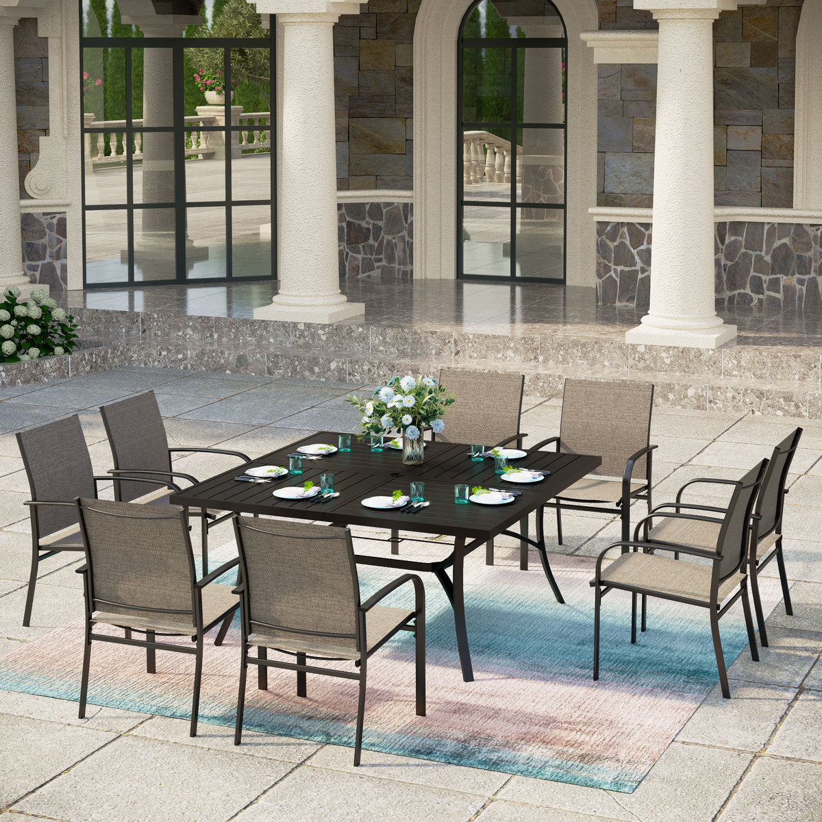 9-Pcs Patio Dining Set Extra Large Square Table & Textilene Fixed Chairs