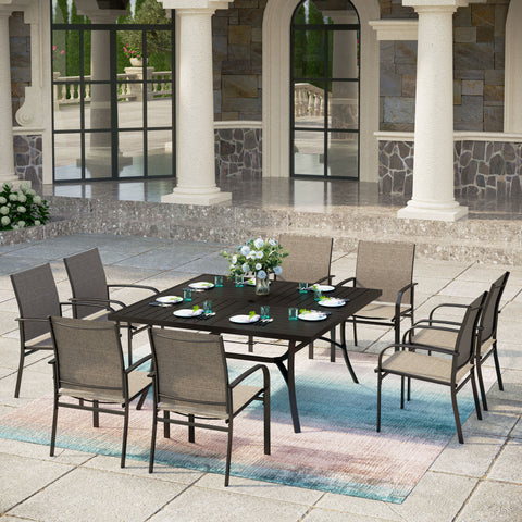 9-Pcs Patio Dining Set Extra Large Square Table & Textilene Fixed Chairs