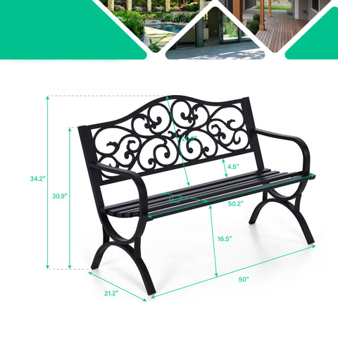 50 Inch Cast Iron Steel Frame Flower Pattern Garden Bench