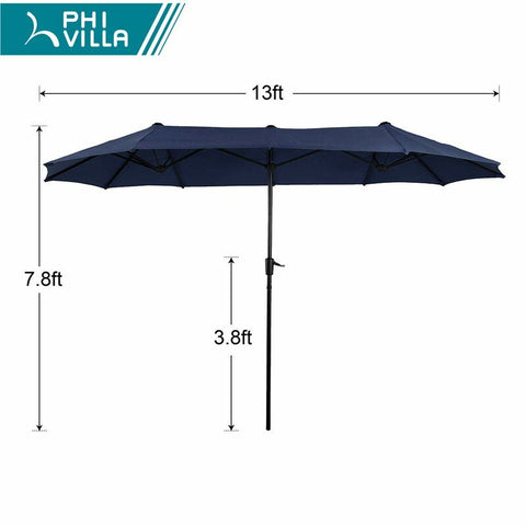 8-Piece Steel Rectangle Table & Brown Rattan Cushion Chairs & 13ft Umbrella Patio Dining Set