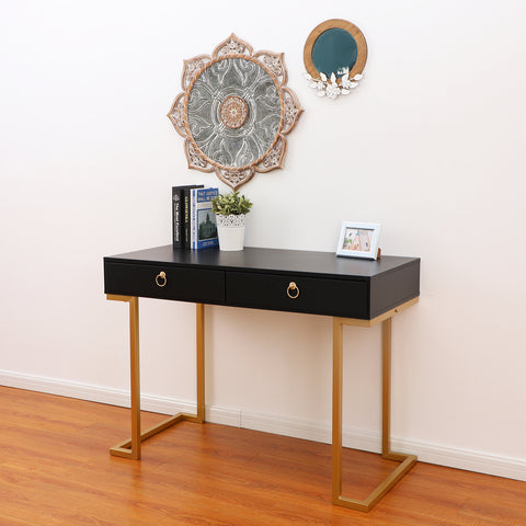 PHI VILLA Double Drawer Desk with Steel Legs, Home Office Computer Desk or Vanity Table