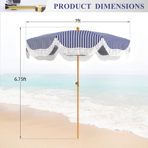 7ft Auto-Tilt Beach Tassel Umbrella With Handy Carry Bags