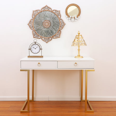 PHI VILLA Double Drawer Desk with Steel Legs, Home Office Computer Desk or Vanity Table