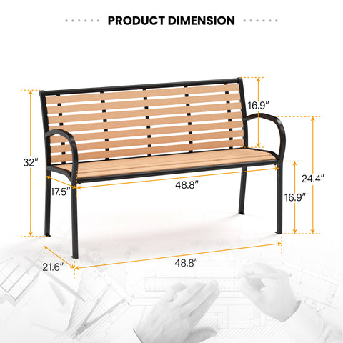 Steel Wood-Plastic Outdoor Bench for Park, Garden, Backyard
