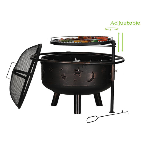 30" 2-In-1 Moon & Star Pattern Patio Fire Pit with Grilling Grid