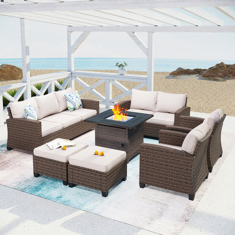 Thick-cushion Patio Rattan Sofa Set with Rattan Fire Pit Table