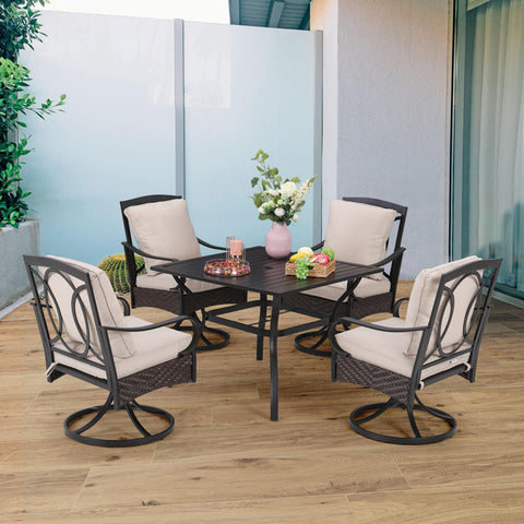 5-Piece Steel Square Table & Thick Cushion Swivel Chairs Outdoor Patio Dining Set