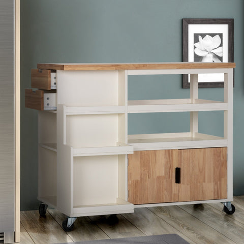 PHI VILLA Rubber Wood Tabletop Kitchen Island Cart with Side Drawers and Shelves, Warm White