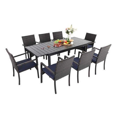 Rattan Wicker Cushioned Dining Chairs Set with Extendable Table
