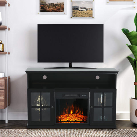PHI VILLA 48'' Classic Glass Door Wooden Fireplace Cabinet Corner TV Stand with Electric Fireplace