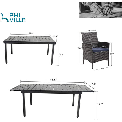Rattan Wicker Cushioned Dining Chairs Set with Extendable Table