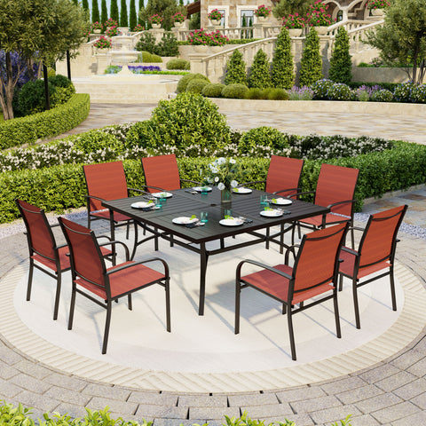 9-Pcs Patio Dining Set Extra Large Square Table & Textilene Fixed Chairs