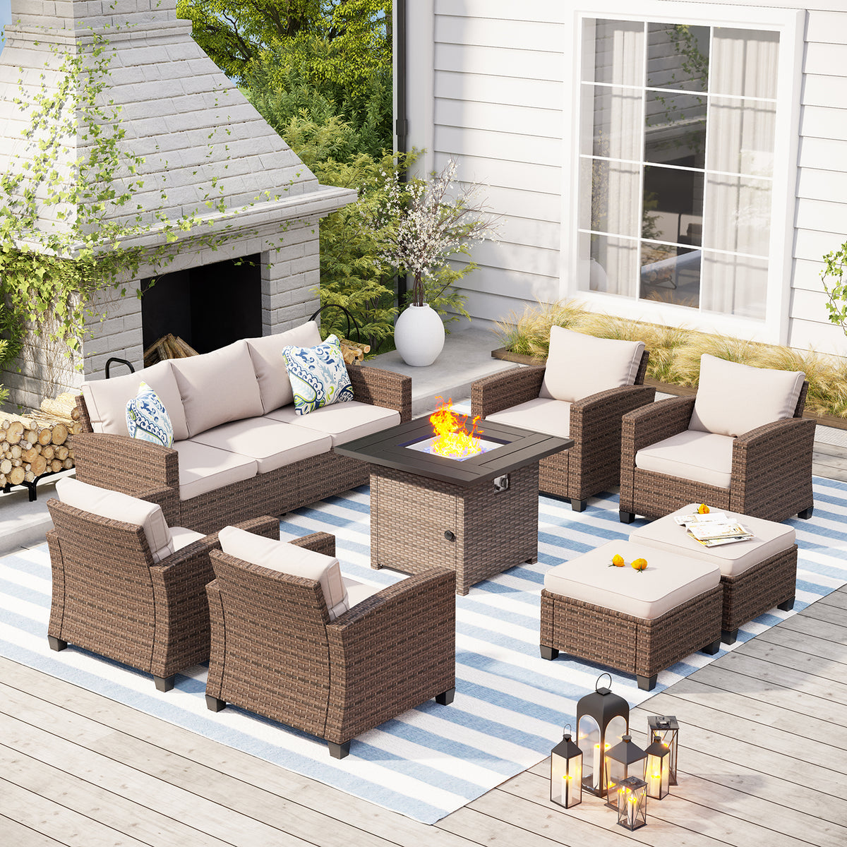 Thick-cushion Patio Rattan Sofa Set with Rattan Fire Pit Table