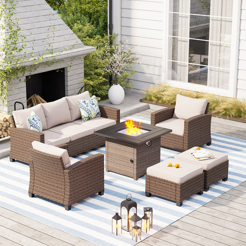 Thick-cushion Patio Rattan Sofa Set with Rattan Fire Pit Table