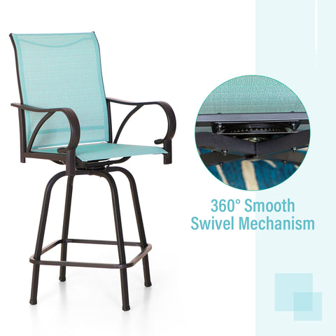 Aqua Textilene Swivel Patio Bar Stool Sets with Geometrically-stamped High Bar Table