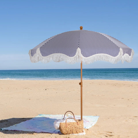 7ft Auto-Tilt Beach Tassel Umbrella With Handy Carry Bags