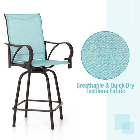 Aqua Textilene Swivel Patio Bar Stool Sets with Wood-look High Bar Table