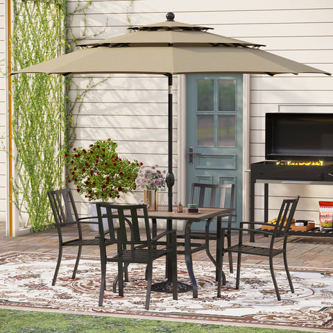 6-Piece Outdoor Dining Set with Umbrella Wood-look Table & 4 Patterned Stackable Chairs