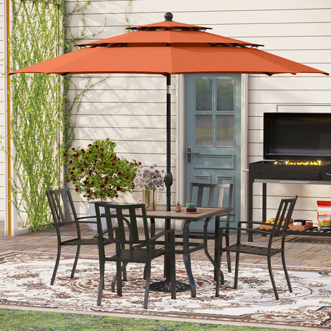 6-Piece Outdoor Dining Set with Umbrella Wood-look Table & 4 Patterned Stackable Chairs