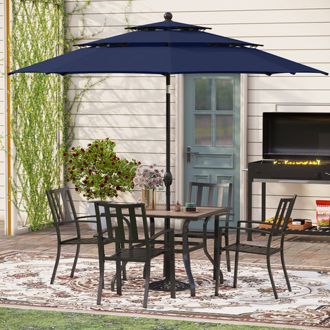 6-Piece Outdoor Dining Set with Umbrella Wood-look Table & 4 Patterned Stackable Chairs