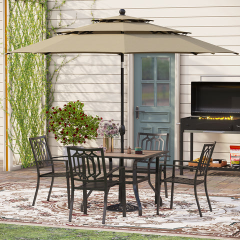 6-Piece Outdoor Dining Set with Umbrella Wood-look Table & 4 Patterned Stackable Chairs