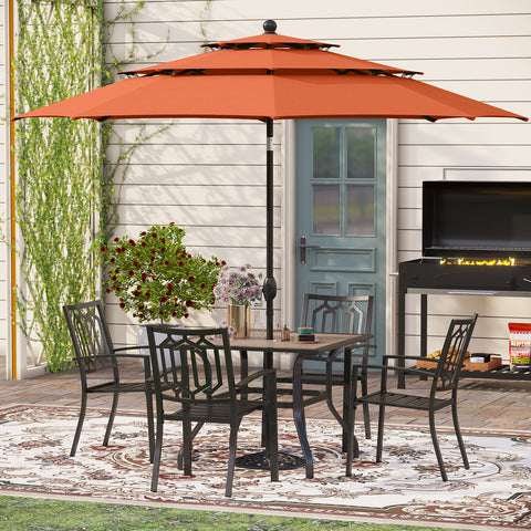 6-Piece Outdoor Dining Set with Umbrella Wood-look Table & 4 Patterned Stackable Chairs