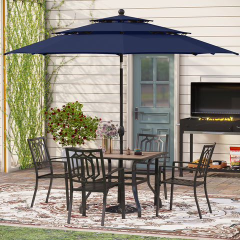 6-Piece Outdoor Dining Set with Umbrella Wood-look Table & 4 Patterned Stackable Chairs