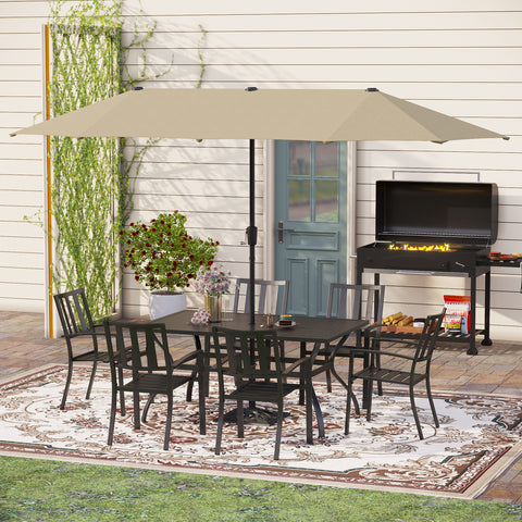 8-Piece Outdoor Dining Set with 13ft Umbrella Steel Rectangle Table & 6 Stackable Chairs