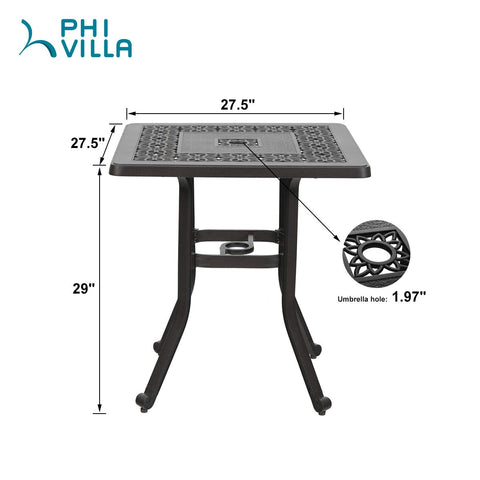 Patio Cast Aluminum Bistro Square Dining Table with Umbrella Hole