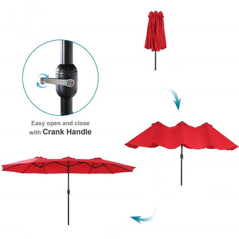 8-Piece Steel Rectangle Table & Brown Rattan Cushion Chairs & 13ft Umbrella Patio Dining Set