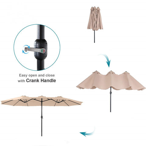 8-Piece Steel Rectangle Table & Brown Rattan Cushion Chairs & 13ft Umbrella Patio Dining Set