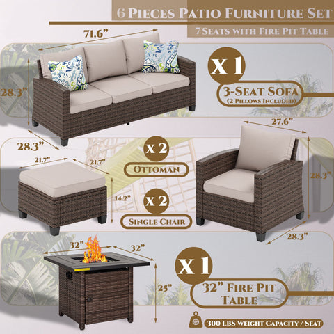 Thick-cushion Patio Rattan Sofa Set with Rattan Fire Pit Table