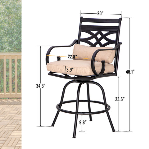 PHI VILLA Patio Bar Stool Set 46"Classic Cast Iron Pattern Back High Bar Stools & Geometrically Stamped High Table