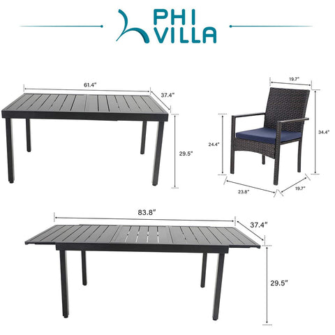 Rattan Wicker Cushioned Dining Chairs Set with Extendable Table