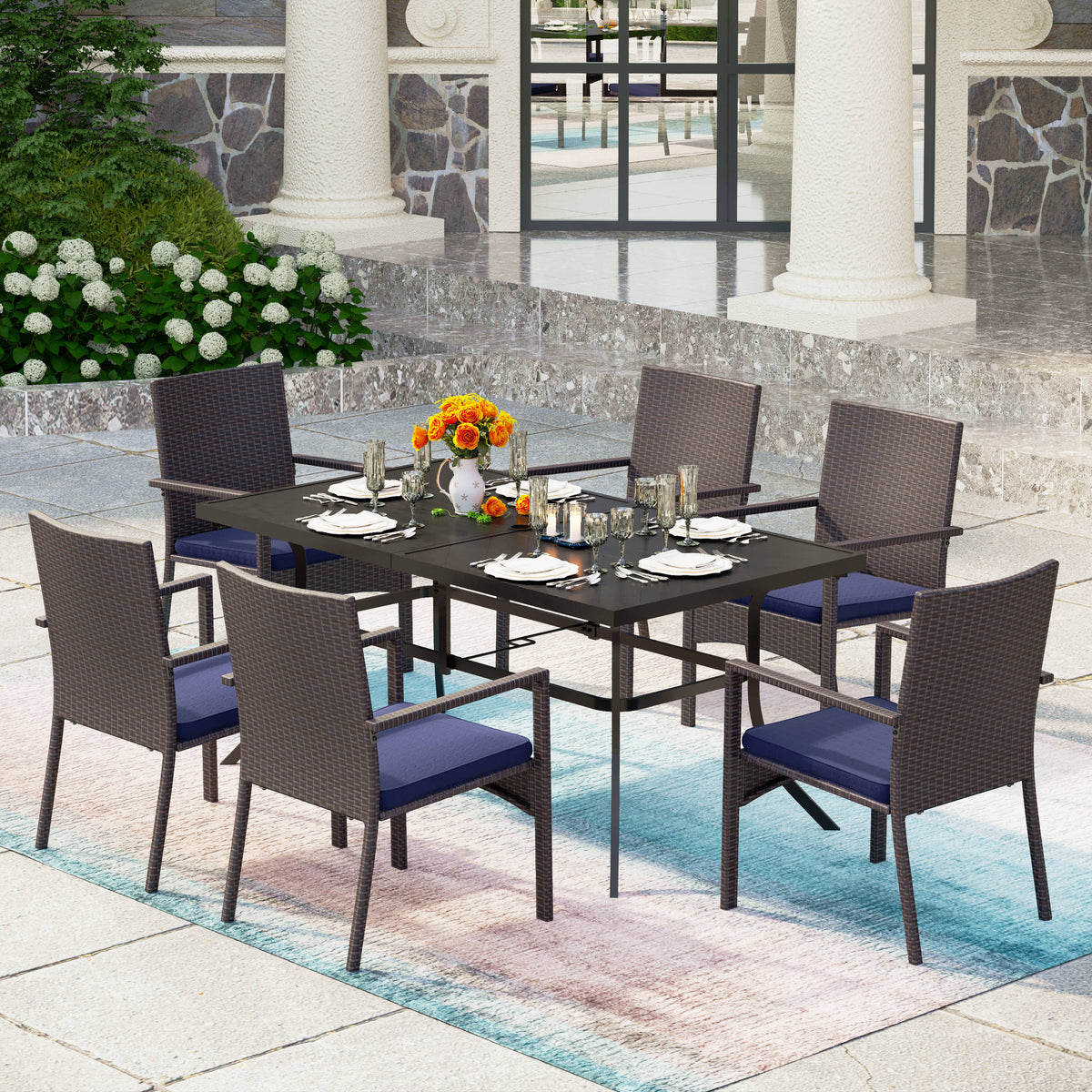 7-Piece Patio Dining Set Embossed Table & Cushioned Rattan Fixed Chairs