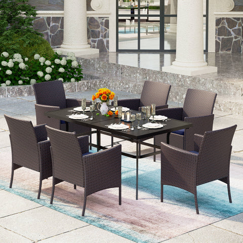 7-Piece Patio Dining Set Embossed Table & Cushioned Rattan Fixed Chairs