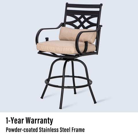 5-Piece Patio Bar Stool Set Teak-grain High Table & Steel Bar Stools with Cast-iron Back