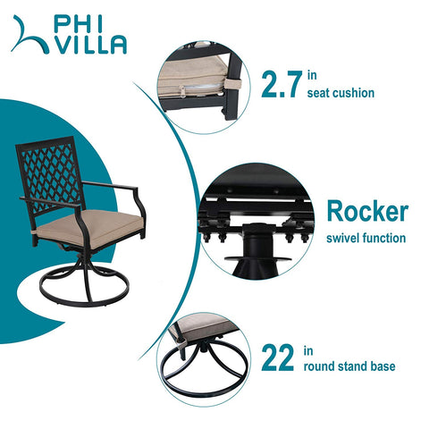 Wood-look Table and 4 Pattern Swivel Chairs with Cushion 5-Piece Metal Outdoor Patio Dining Set