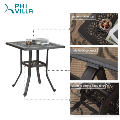 Patio Cast Aluminum Bistro Square Dining Table with Umbrella Hole
