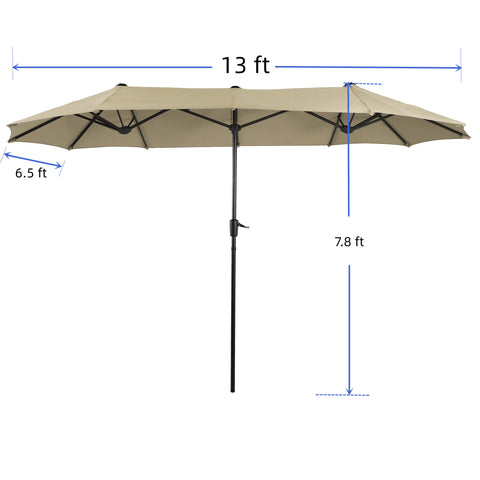 8-Piece Steel Rectangle Table & Brown Rattan Cushion Chairs & 13ft Umbrella Patio Dining Set