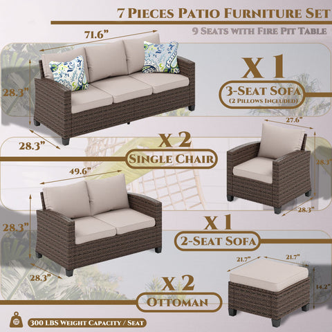 Thick-cushion Patio Rattan Sofa Set with Rattan Fire Pit Table
