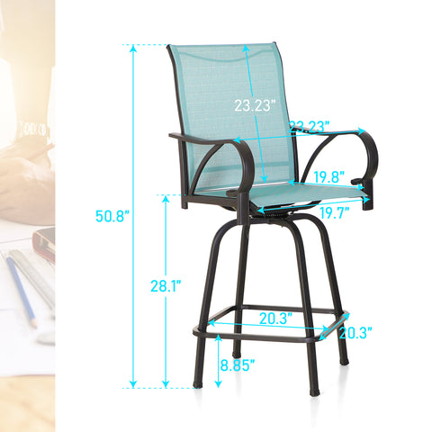 Aqua Textilene Swivel Patio Bar Stool Sets with Wood-look High Bar Table