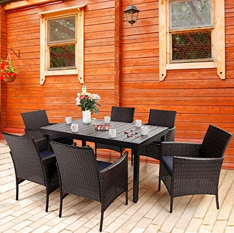 Rattan Wicker Cushioned Dining Chairs Set with Extendable Table