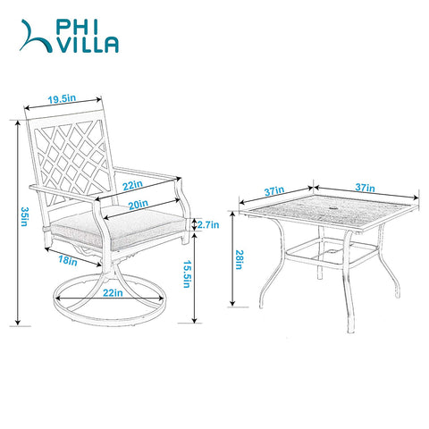 Wood-look Table and 4 Pattern Swivel Chairs with Cushion 5-Piece Metal Outdoor Patio Dining Set