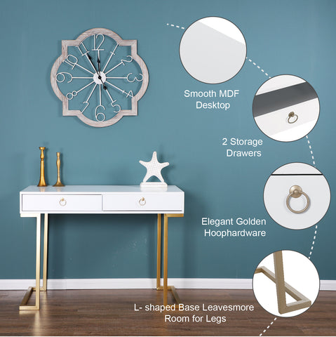 PHI VILLA Double Drawer Desk with Steel Legs, Home Office Computer Desk or Vanity Table